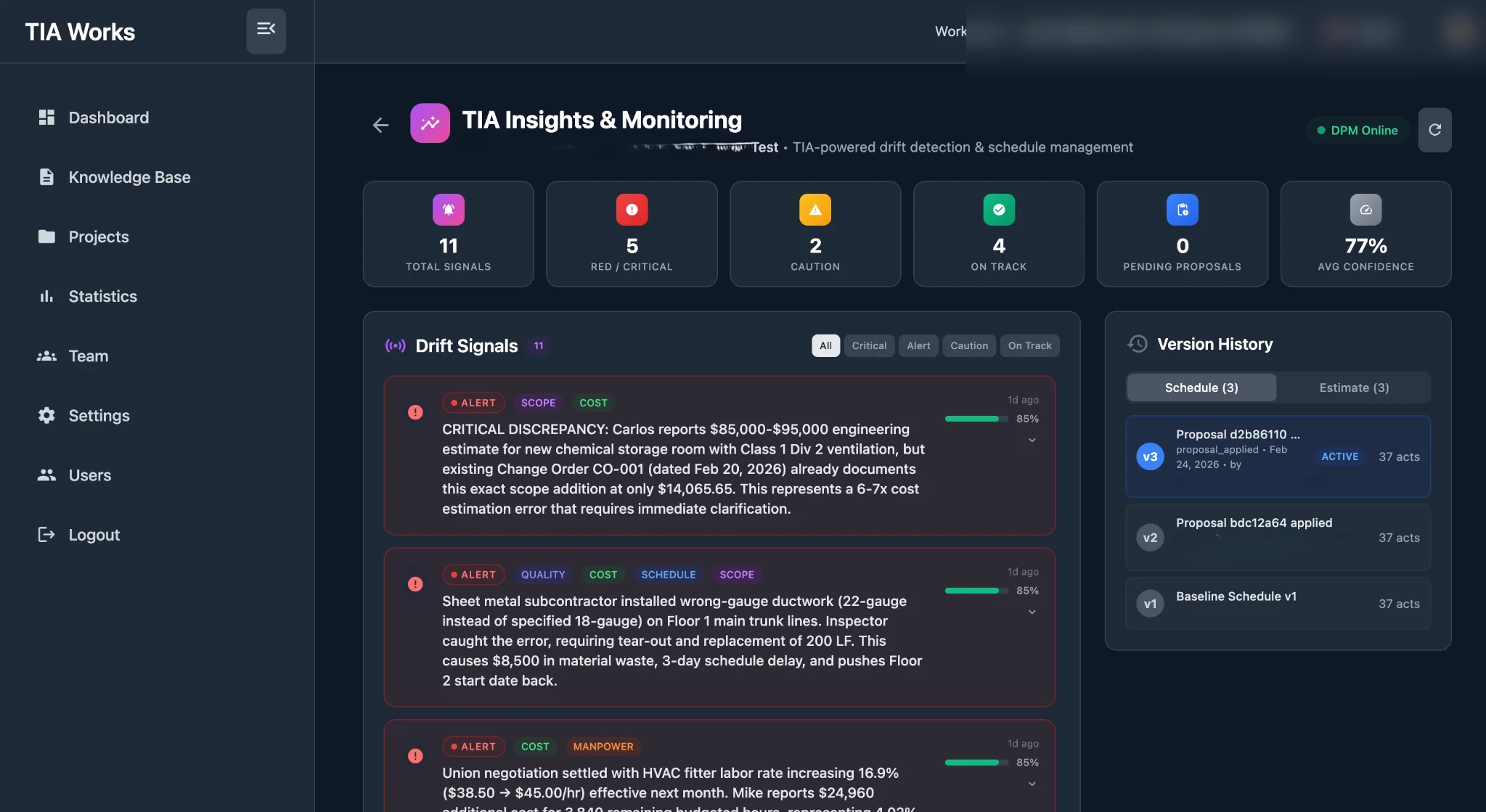 DPM Drift Signals Dashboard showing active drift alerts and signal status
